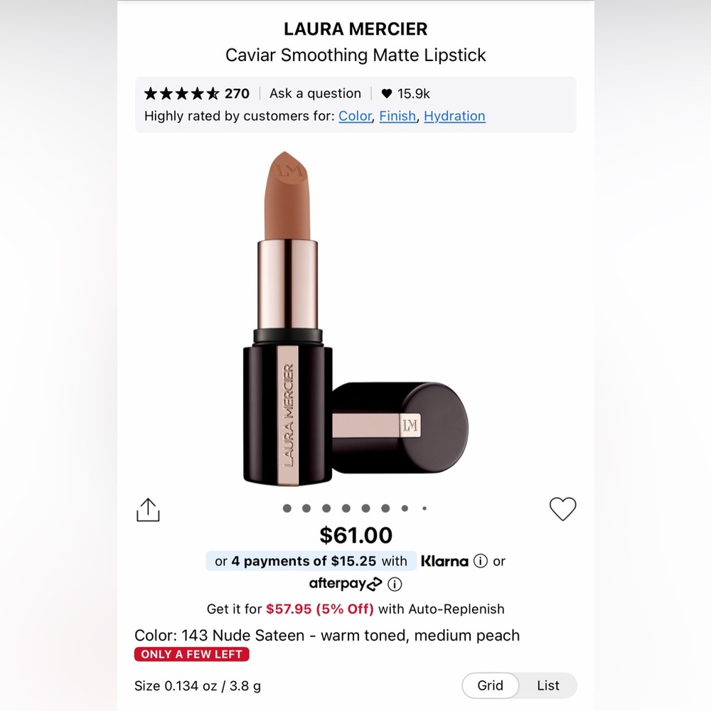 NEW laura mercier Caviar Smoothing Matte Lipstick — Warm Nude Peach